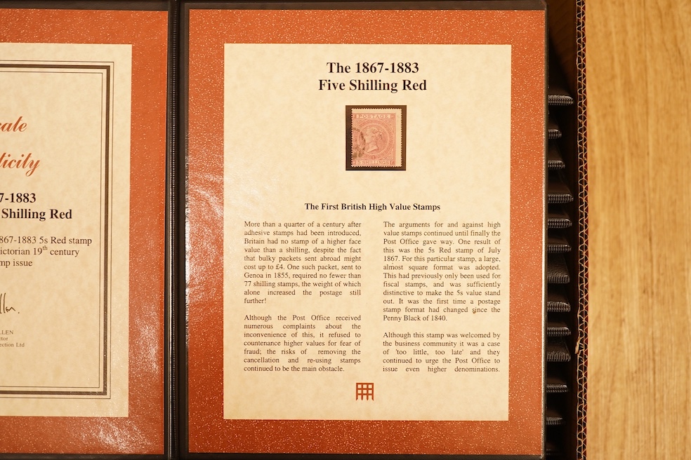 A large collection of stamps in Westminster Collection cases with certificates to include 1856 Queen Victoria 6d Lilac, 1884 10 Shilling ‘Cobalt Blue’ stamp, 1884 Victorian High Value Definitives (2s 6d, 5s, 10s), 1872-7
